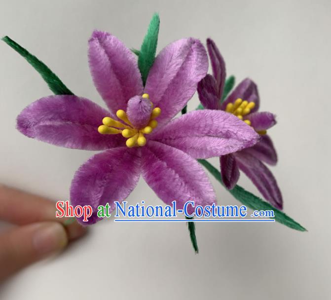 China Classical Violet Velvet Flowers Hairpin Ancient Traditional Qing Dynasty Court Woman Hair Stick