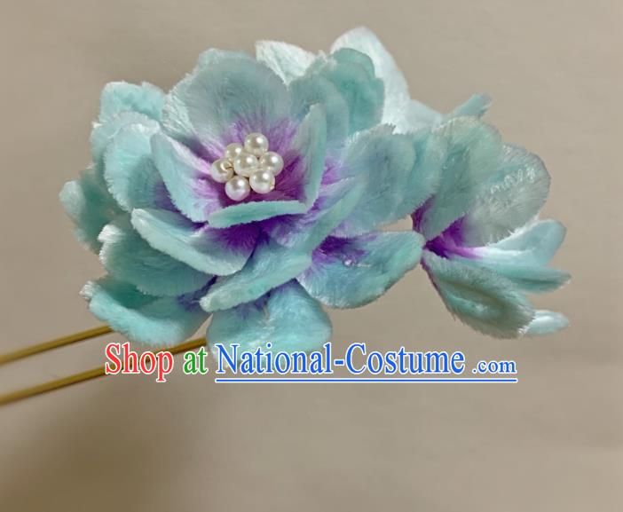 China Classical Blue Velvet Peony Hairpin Ancient Traditional Qing Dynasty Princess Hair Stick