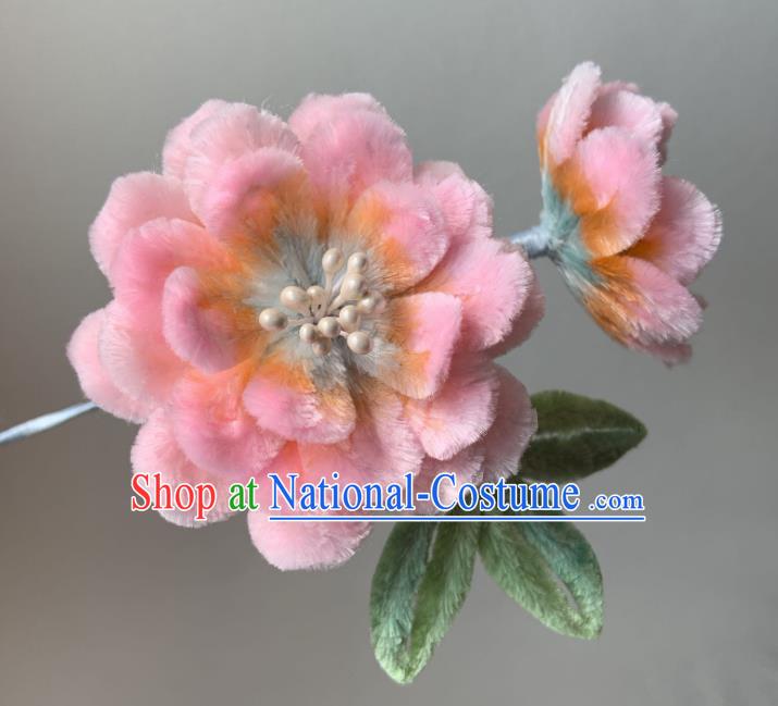 China Traditional Ancient Qing Dynasty Princess Hair Stick Classical Pink Velvet Peony Hairpin