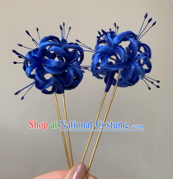 China Classical Blue Velvet Manjusaka Hairpin Traditional Qing Dynasty Accessories Hair Stick