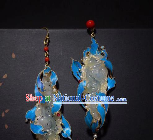 Chinese Ancient Qing Dynasty Blueing Ear Accessories Traditional Culture Jewelry Jade Earrings