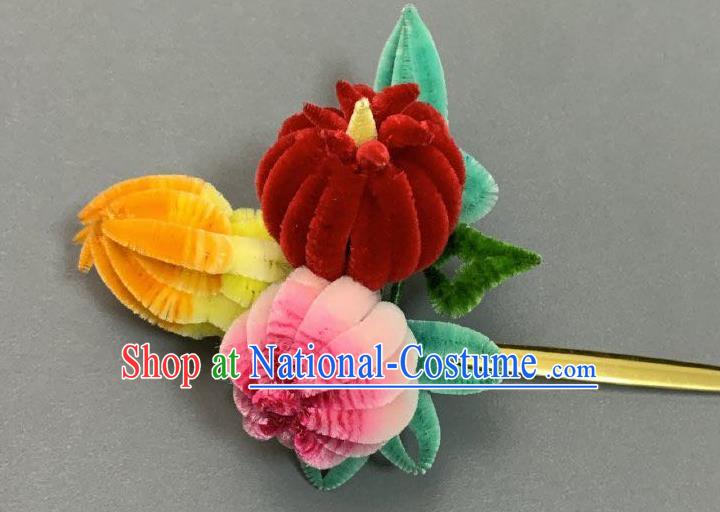 China Classical Velvet Chrysanthemum Hairpin Traditional Qing Dynasty Court Hair Stick