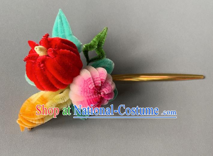 China Classical Velvet Chrysanthemum Hairpin Traditional Qing Dynasty Court Hair Stick