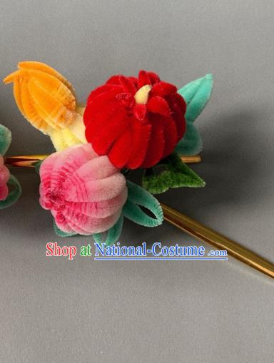 China Classical Velvet Chrysanthemum Hairpin Traditional Qing Dynasty Court Hair Stick