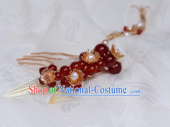 China Traditional Ming Dynasty Princess Red Plum Hair Comb Classical Hanfu Tassel Hairpin