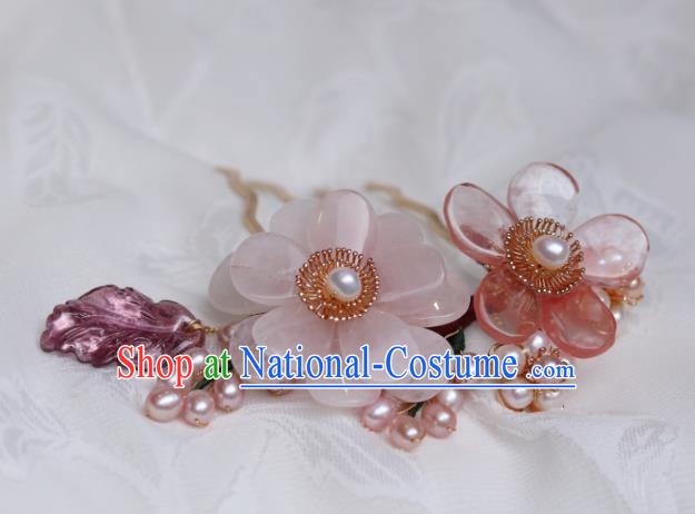 China Classical Hanfu Pearls Hairpin Traditional Ming Dynasty Princess Rose Quartz Flower Hair Comb