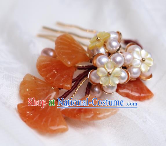 China Classical Hanfu Red Ginkgo Leaf Hairpin Traditional Ming Dynasty Princess Shell Plum Hair Comb