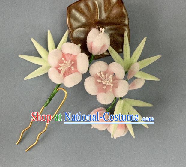 China Classical Pink Velvet Plum Hairpin Traditional Qing Dynasty Palace Lady Hair Stick