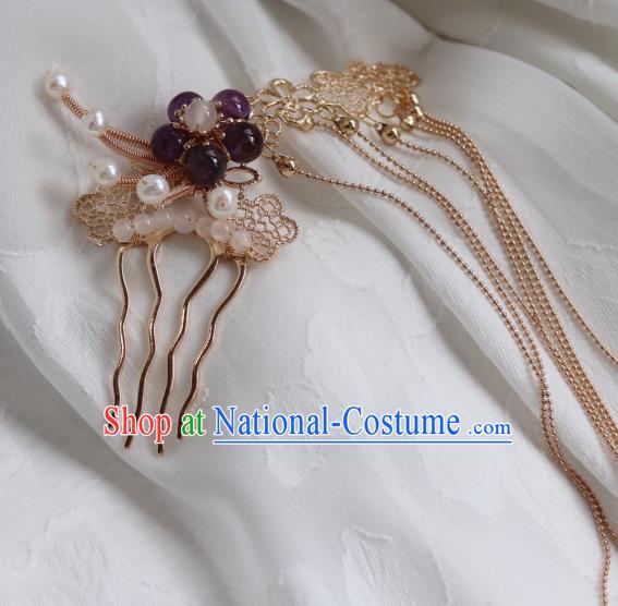 China Traditional Amethyst Plum Hairpin Classical Cheongsam Golden Tassel Hair Comb