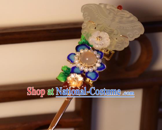 China Traditional Qing Dynasty Jade Butterfly Hairpin Classical Blueing Flower Hair Stick