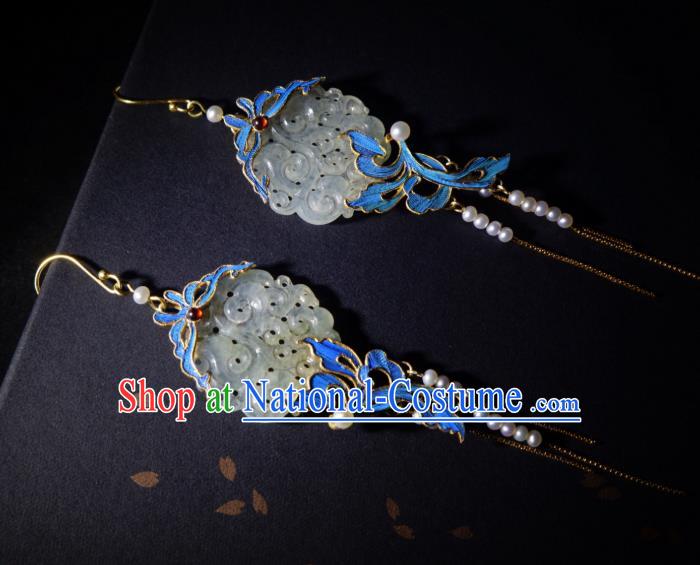 Chinese Traditional Culture Jewelry Pearls Tassel Earrings Ancient Qing Dynasty Blueing Jade Ear Accessories