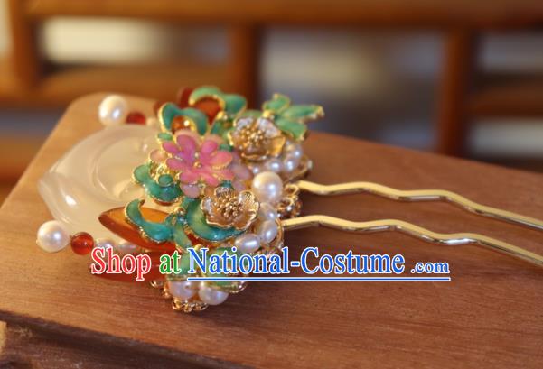 China Classical Pearls Enamel Hair Stick Traditional Qing Dynasty Jade Peach Hairpin