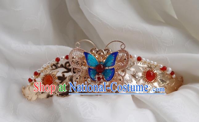 China Classical Blueing Butterfly Hair Crown Traditional Ming Dynasty Princess Hairpin