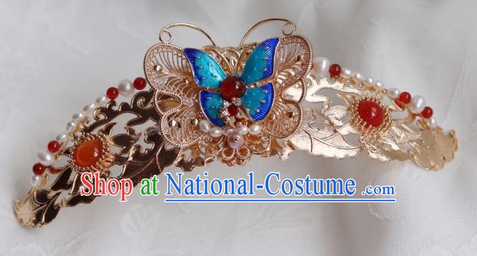 China Classical Blueing Butterfly Hair Crown Traditional Ming Dynasty Princess Hairpin