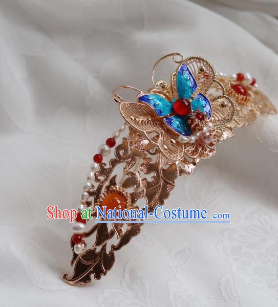 China Classical Blueing Butterfly Hair Crown Traditional Ming Dynasty Princess Hairpin