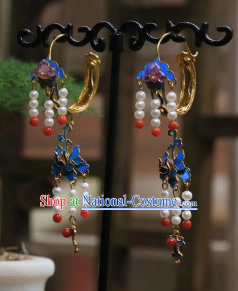 Chinese Blue Butterfly Earrings Ancient Qing Dynasty Pearls Tassel Ear Accessories Traditional Culture Jewelry