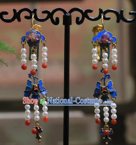 Chinese Blue Butterfly Earrings Ancient Qing Dynasty Pearls Tassel Ear Accessories Traditional Culture Jewelry