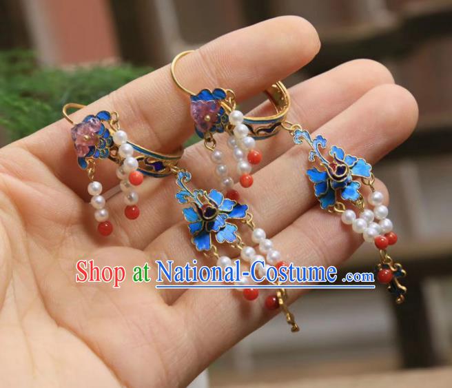 Chinese Blue Butterfly Earrings Ancient Qing Dynasty Pearls Tassel Ear Accessories Traditional Culture Jewelry