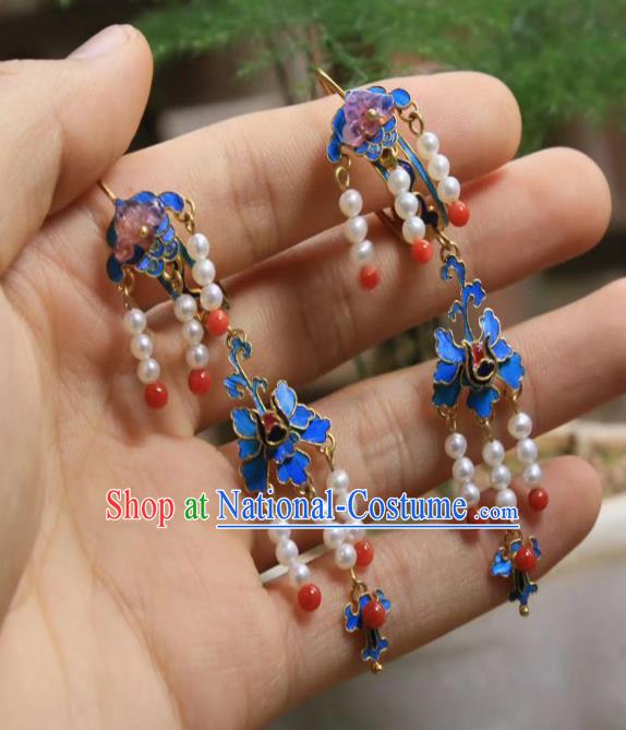 Chinese Blue Butterfly Earrings Ancient Qing Dynasty Pearls Tassel Ear Accessories Traditional Culture Jewelry