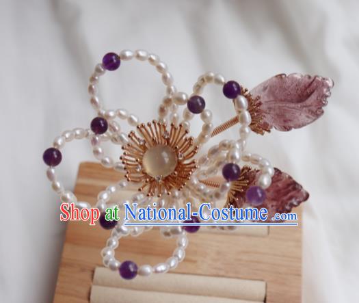 China Ancient Princess Amethyst Hairpin Traditional Ming Dynasty Pearls Plum Hair Stick