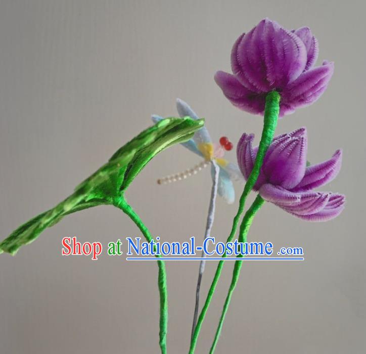 Traditional China Qing Dynasty Empress Hair Stick Classical Purple Velvet Lotus Hairpin