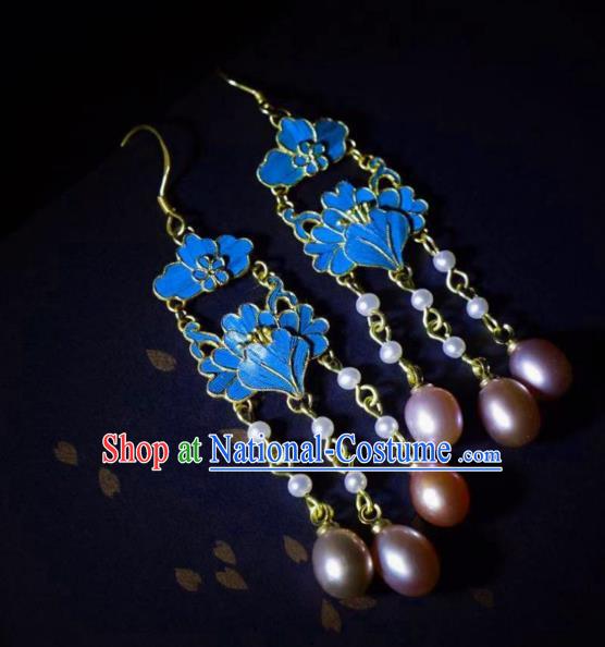 Chinese Ancient Qing Dynasty Court Ear Accessories Traditional Culture Jewelry Pearls Tassel Earrings