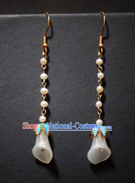 Chinese Traditional Culture Jewelry Ancient Qing Dynasty Court Pearls Ear Accessories Lily Flower Earrings