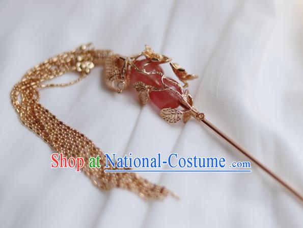 China Ancient Princess Rose Quartz Hairpin Traditional Ming Dynasty Golden Lantern Tassel Hair Stick