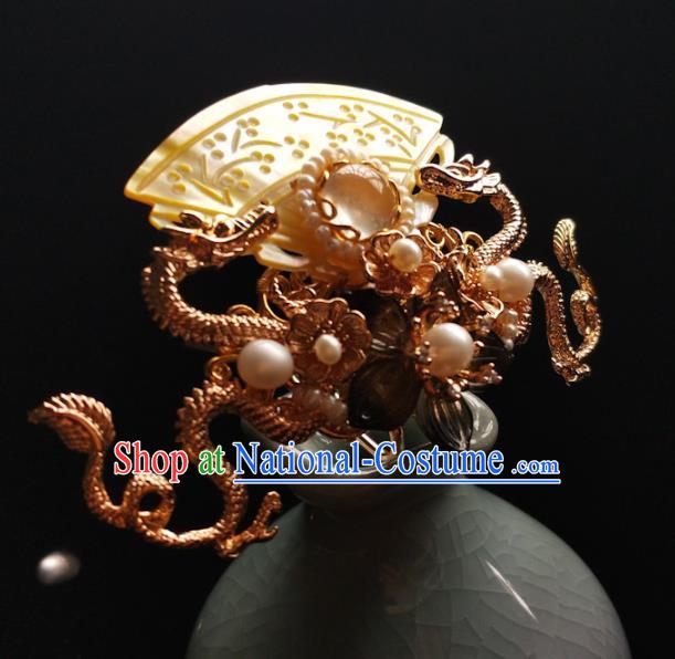 China Ancient Empress Golden Dragon Hairpin Traditional Ming Dynasty Shell Hair Crown