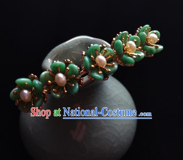 China Ancient Princess Green Plum Hairpin Traditional Ming Dynasty Pearls Hair Stick