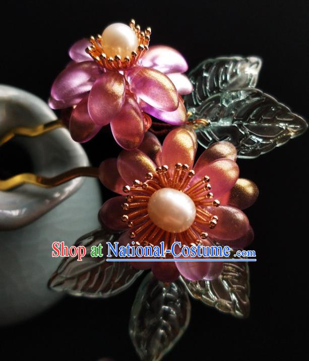 China Ancient Princess Hairpin Traditional Ming Dynasty Pink Chrysanthemum Hair Clip