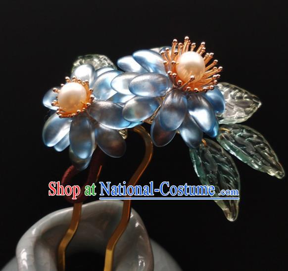 China Ancient Princess Blue Chrysanthemum Hairpin Traditional Ming Dynasty Pearls Hair Clip