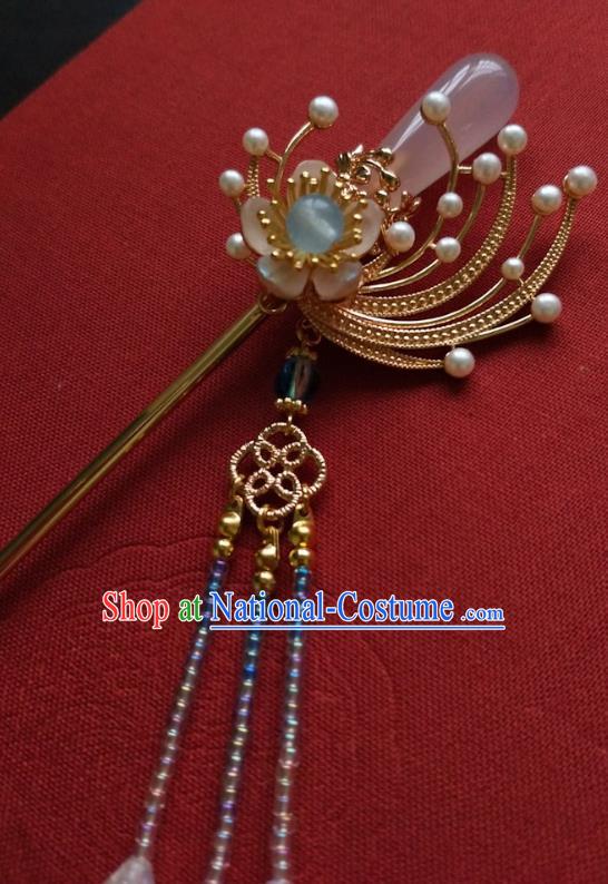 China Ancient Princess Rose Quartz Hairpin Traditional Ming Dynasty Beads Tassel Hair Clip