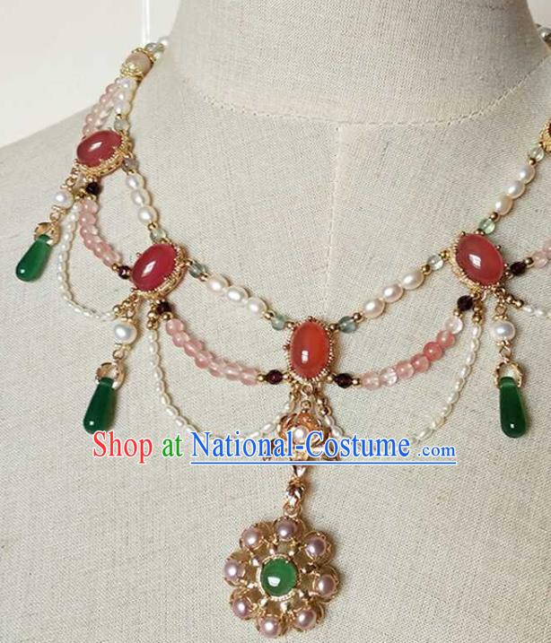 Chinese Traditional Hanfu Pearls Necklace Accessories Classical Ming Dynasty Princess Chrysoprase Necklet