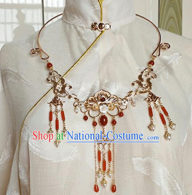 Chinese Traditional Ming Dynasty Princess Agate Tassel Necklet Classical Hanfu Golden Peony Necklace