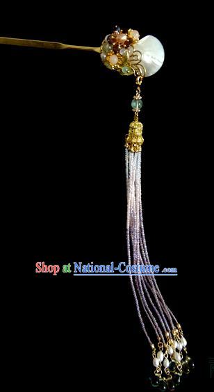 China Ancient Royal Princess Shell Hairpin Traditional Ming Dynasty Purple Beads Tassel Hair Stick