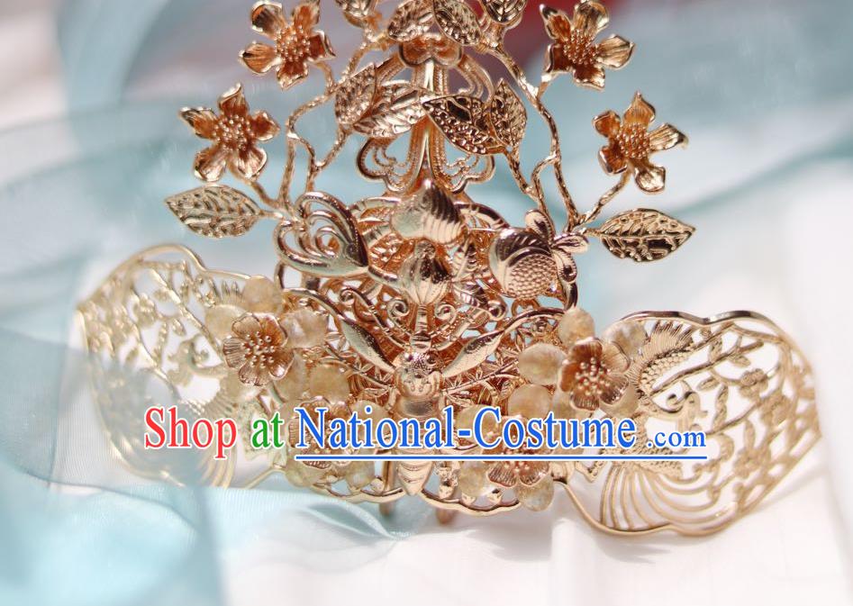 China Ancient Princess Ribbon Tassel Hairpin Traditional Jin Dynasty Golden Hair Crown