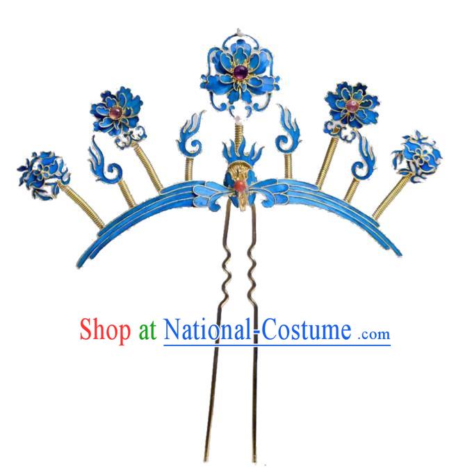 Chinese Traditional Qing Dynasty Cloisonne Peony Hair Jewelry Ancient Empress Tourmaline Hairpin