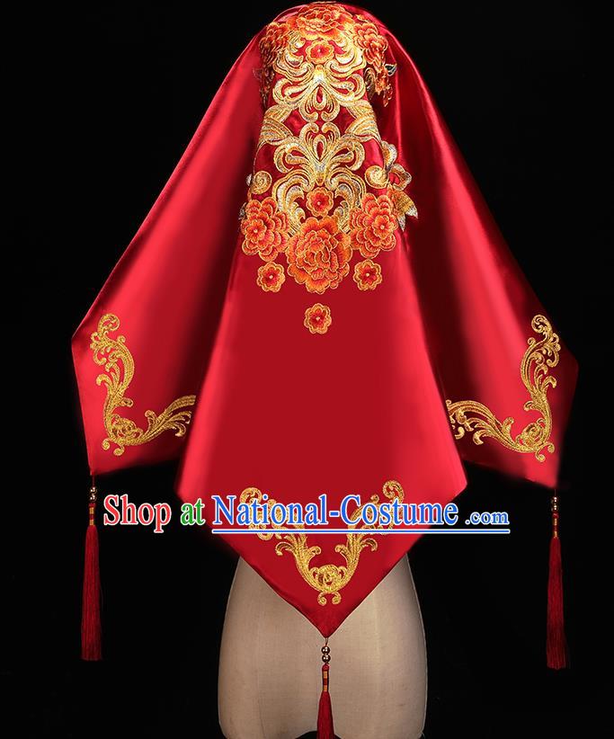 Chinese Traditional Wedding Accessories Embroidered Peony Red Bridal Veil