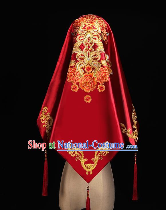 Chinese Traditional Wedding Accessories Embroidered Peony Red Bridal Veil