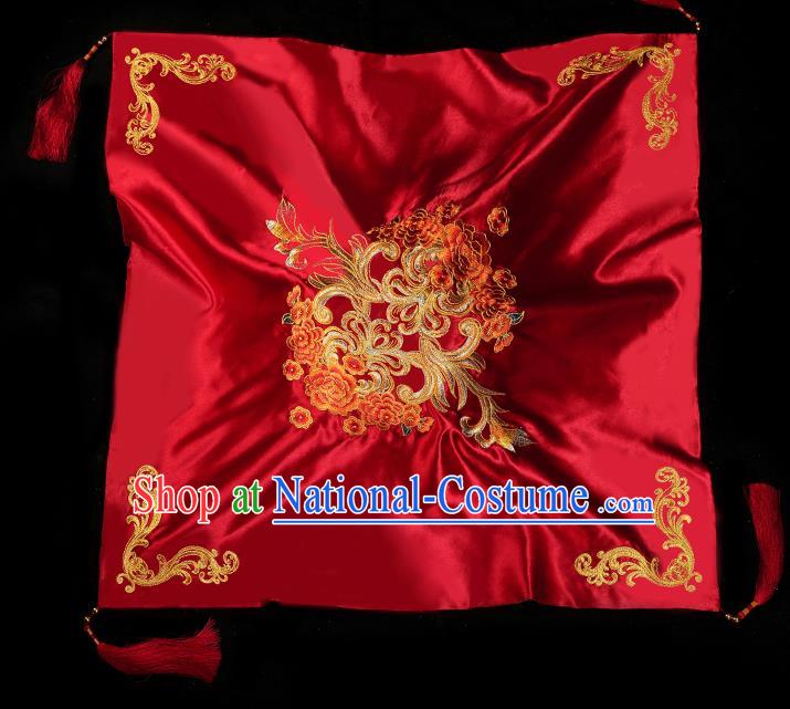 Chinese Traditional Wedding Accessories Embroidered Peony Red Bridal Veil