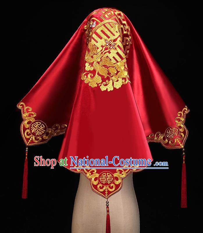 Chinese Traditional Wedding Headdress Embroidered Red Satin Bridal Veil Accessories