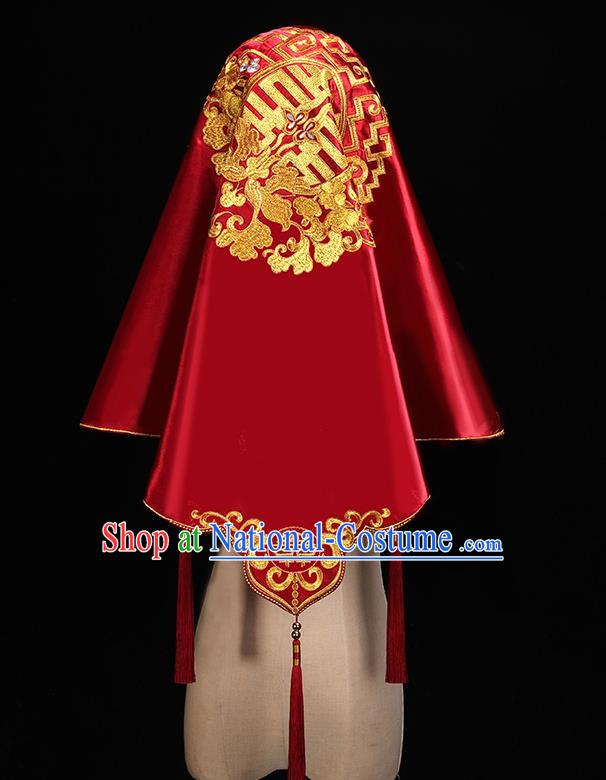 Chinese Traditional Wedding Headdress Embroidered Red Satin Bridal Veil Accessories