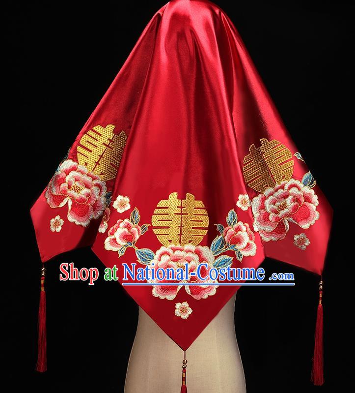 Chinese Embroidered Peony Red Satin Bridal Veil Accessories Traditional Wedding Headdress