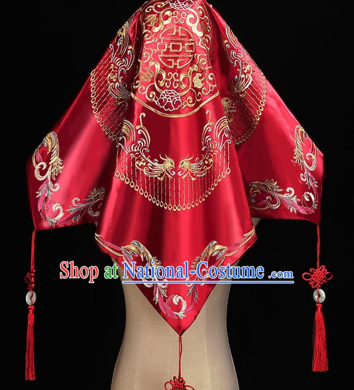 Chinese Embroidered Phoenix Red Satin Bridal Veil Traditional Wedding Xiuhe Suit Headdress