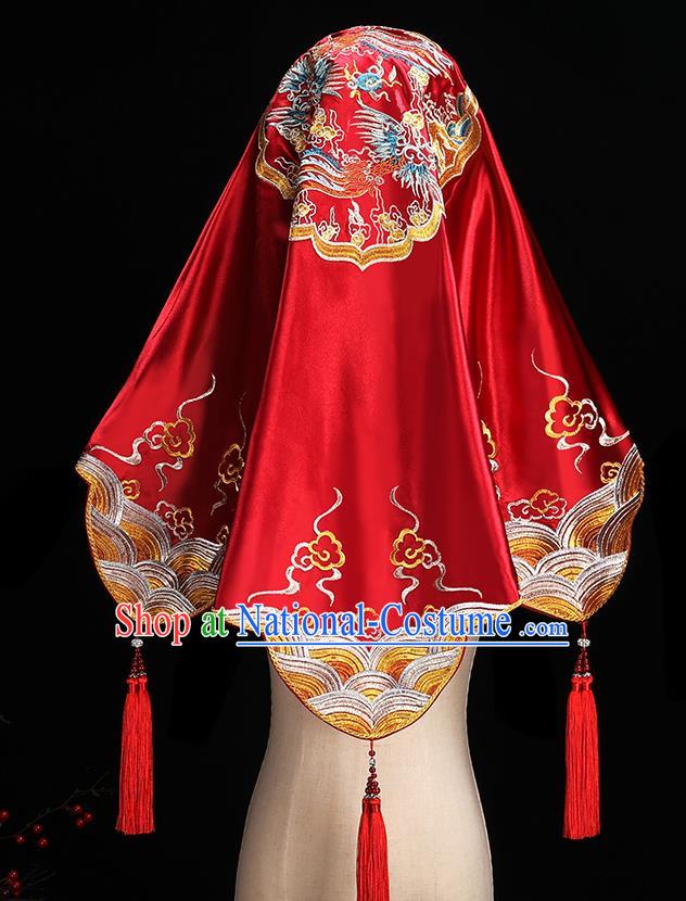 Chinese Embroidered Red Satin Bridal Veil Traditional Wedding Headdress Xiuhe Suit Accessories