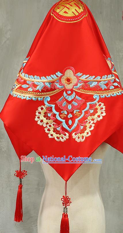 Chinese Traditional Wedding Headdress Xiuhe Suit Accessories Embroidered Red Satin Bridal Veil