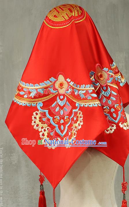 Chinese Traditional Wedding Headdress Xiuhe Suit Accessories Embroidered Red Satin Bridal Veil