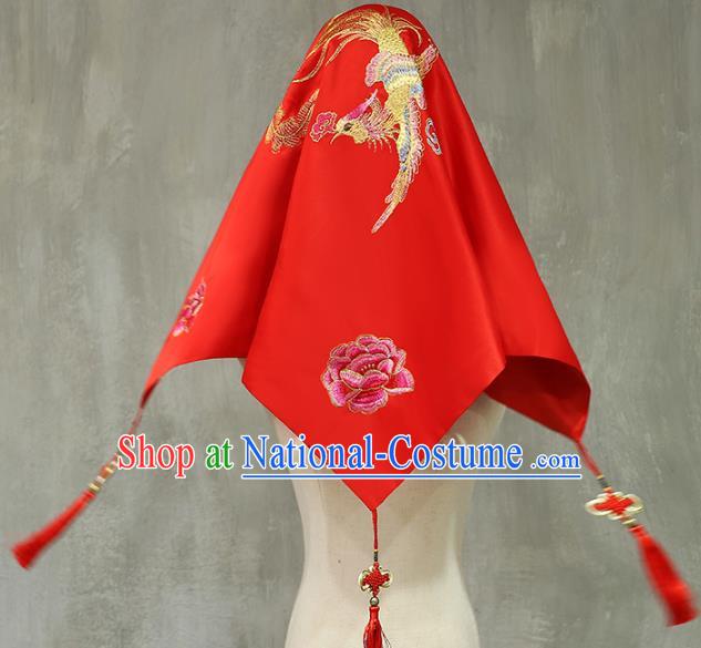 Chinese Xiuhe Suit Accessories Embroidered Phoenix Peony Red Satin Bridal Veil Traditional Wedding Headdress