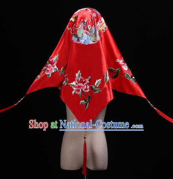 Chinese Embroidered Phoenix Peony Red Satin Bridal Veil Traditional Wedding Headdress Classical Xiuhe Suit Accessories